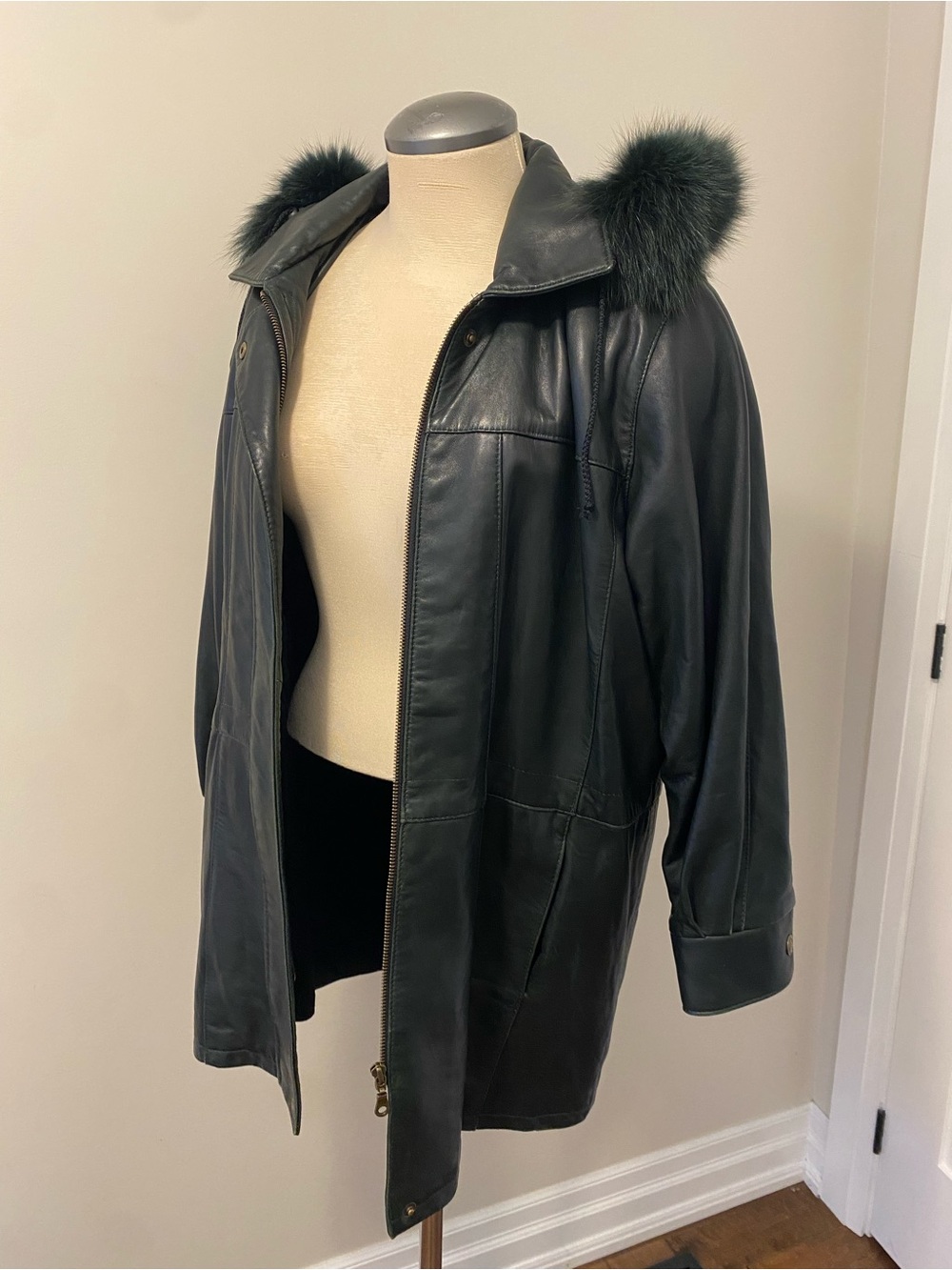 Vintage Leather Raincoat with Fur-Trim Hood